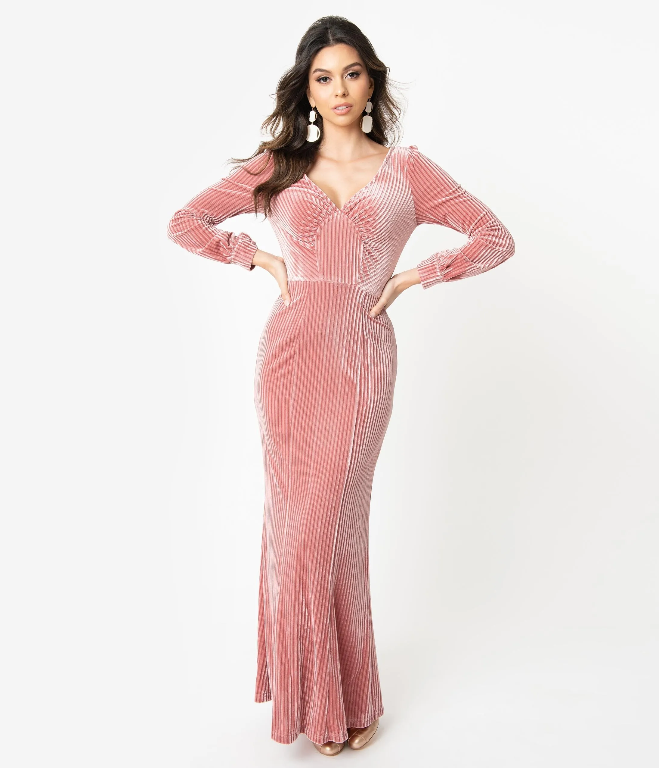 Voodoo Vixen 1930s Blush Pink Velvet Long Sleeve Maxi Dress