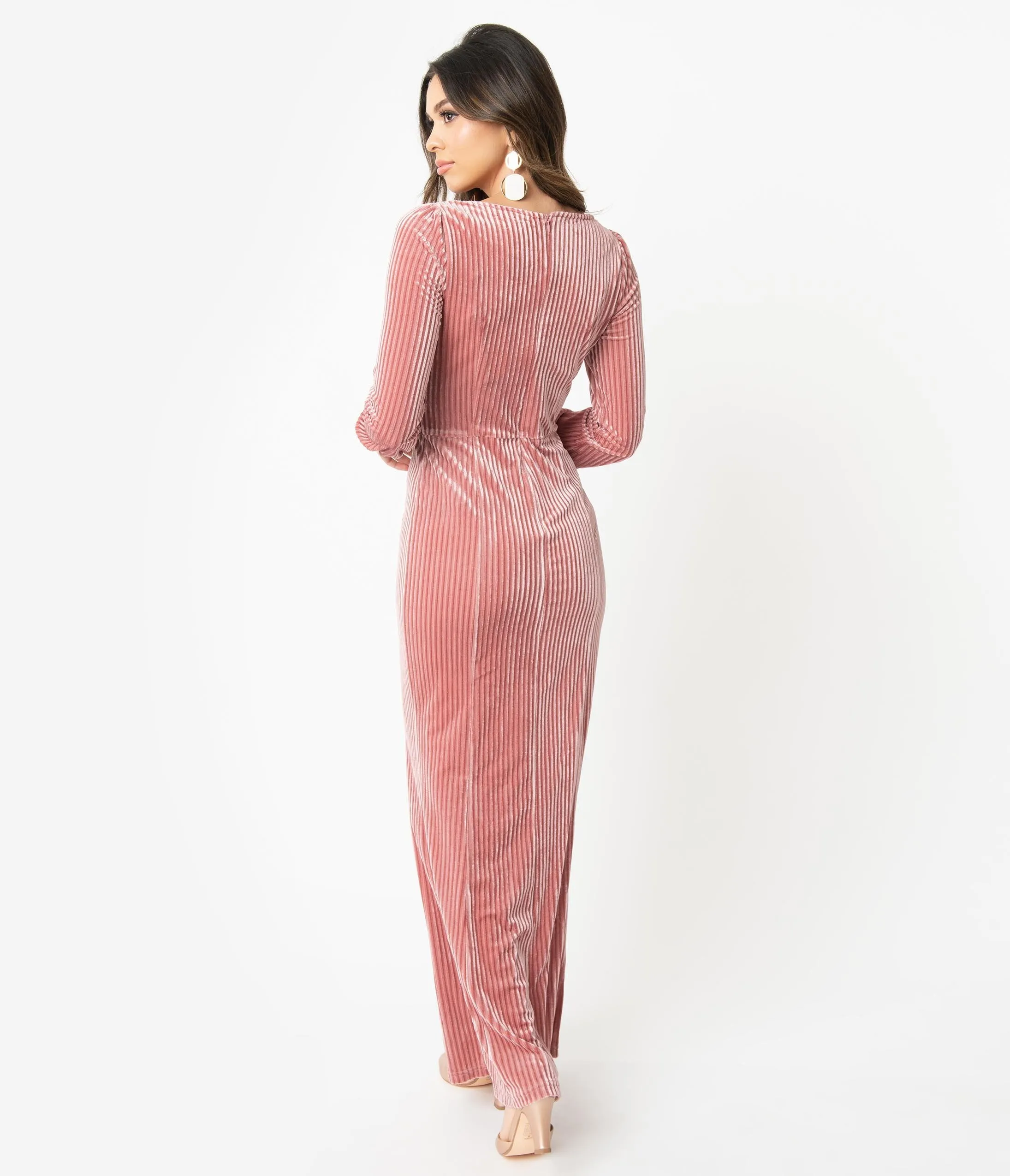 Voodoo Vixen 1930s Blush Pink Velvet Long Sleeve Maxi Dress