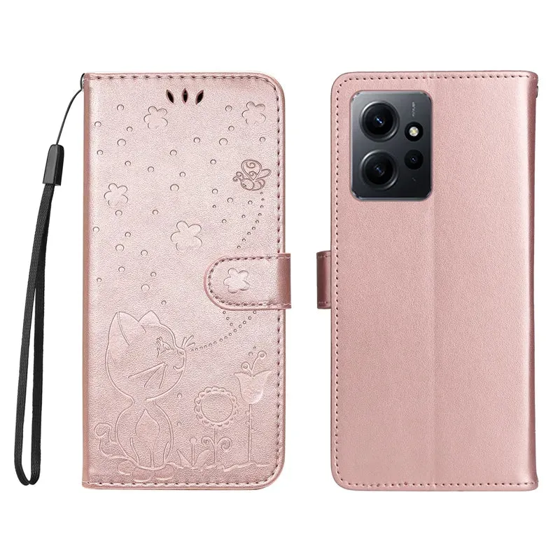 Wallet Cat And Bee Embossed Leather Cover For Redmi 12C 10 10A 10C 9A 9C 9T 8 6 Pro A1 Cover