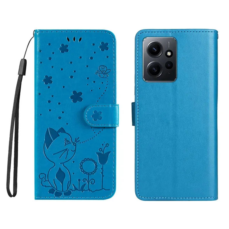 Wallet Cat And Bee Embossed Leather Cover For Redmi 12C 10 10A 10C 9A 9C 9T 8 6 Pro A1 Cover