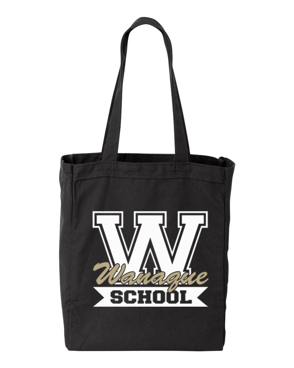 Wanaque School Black 10 Ounce Gusseted Cotton Canvas Tote w/ Wanaque School "W" Logo on Front.