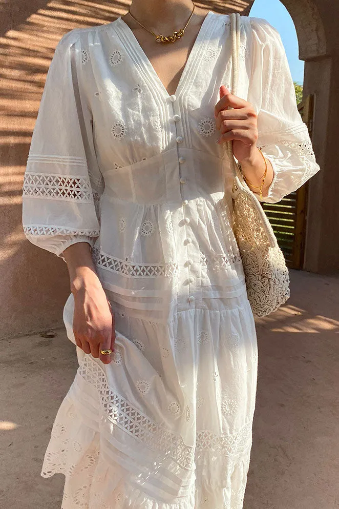 White Intricately Embroidered Lantern sleeve Dress