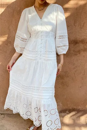 White Intricately Embroidered Lantern sleeve Dress