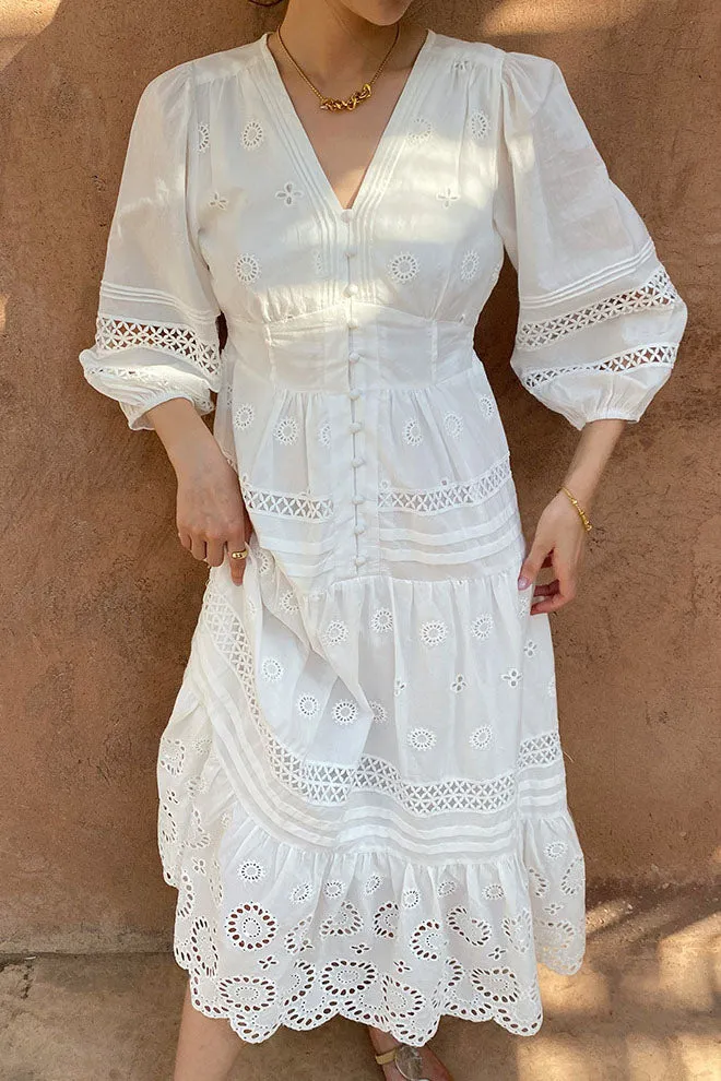 White Intricately Embroidered Lantern sleeve Dress