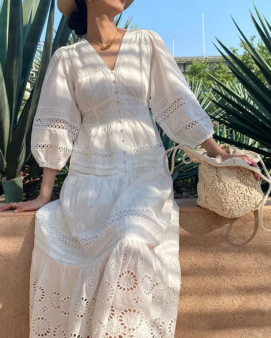 White Intricately Embroidered Lantern sleeve Dress