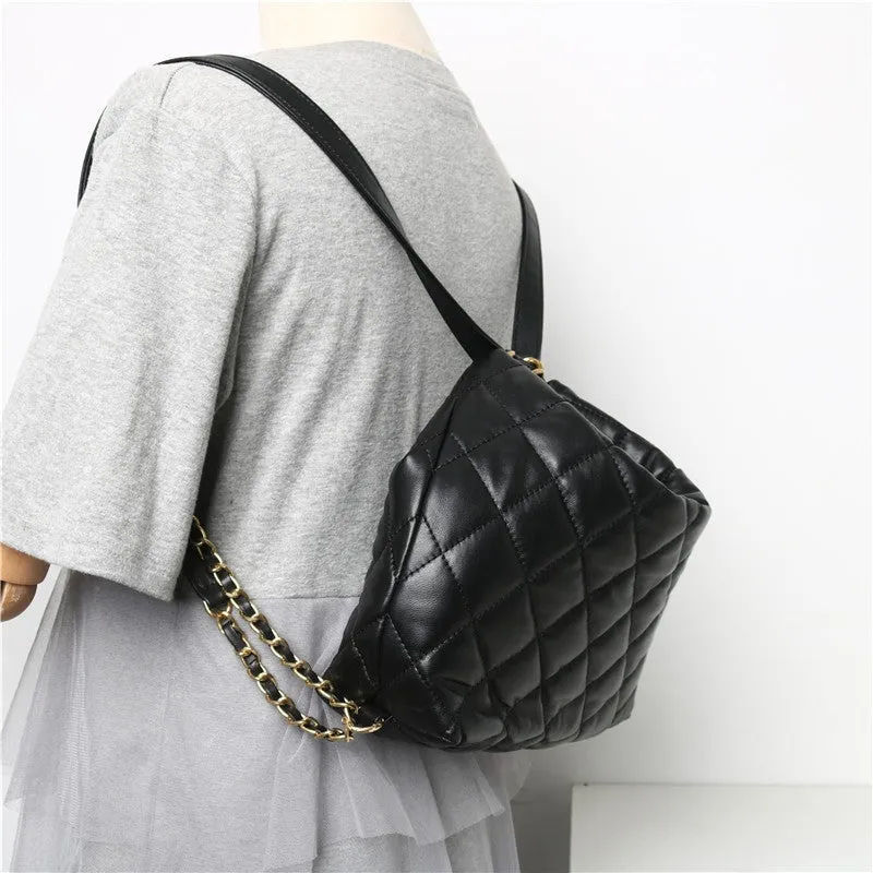 Womens Quilted Leather Bucket Hobo Backpack Multi- Use Bag