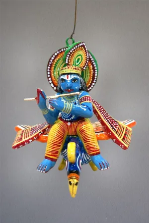 Wooden Flying Lord Krishna on Peacock