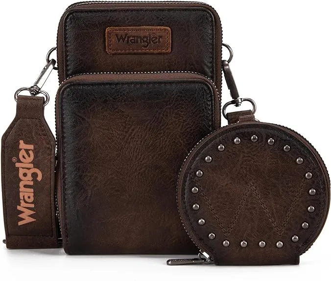 Wrangler Crossbody Cell Phone Purse 3 Zippered Compartment with Coin Pouch- Coffee